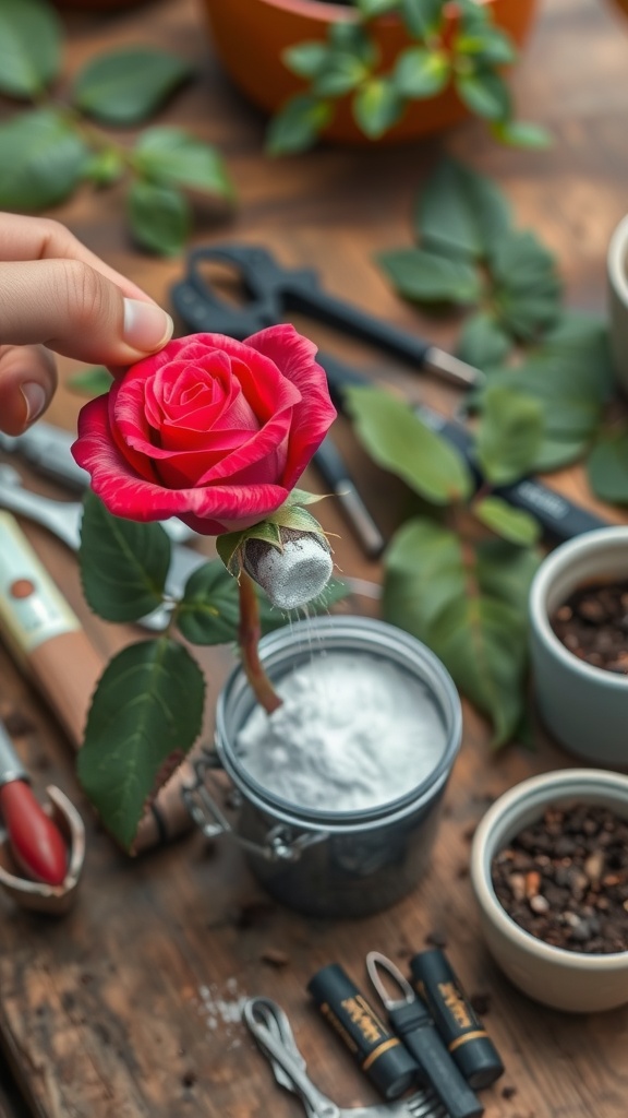 A hand holding a rose cutting being dipped into rooting hormone, surrounded by gardening tools and pots.