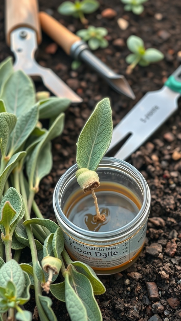 Sage cuttings dipped in rooting hormone placed in a jar, with gardening tools in the background.
