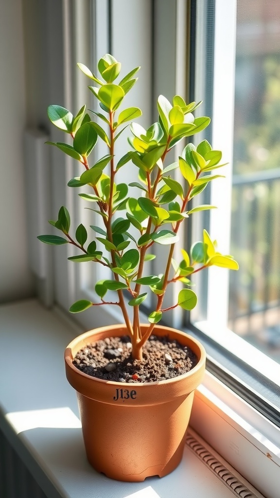 A hand holding a jade plant cutting with the cut end dipped in rooting hormone powder.