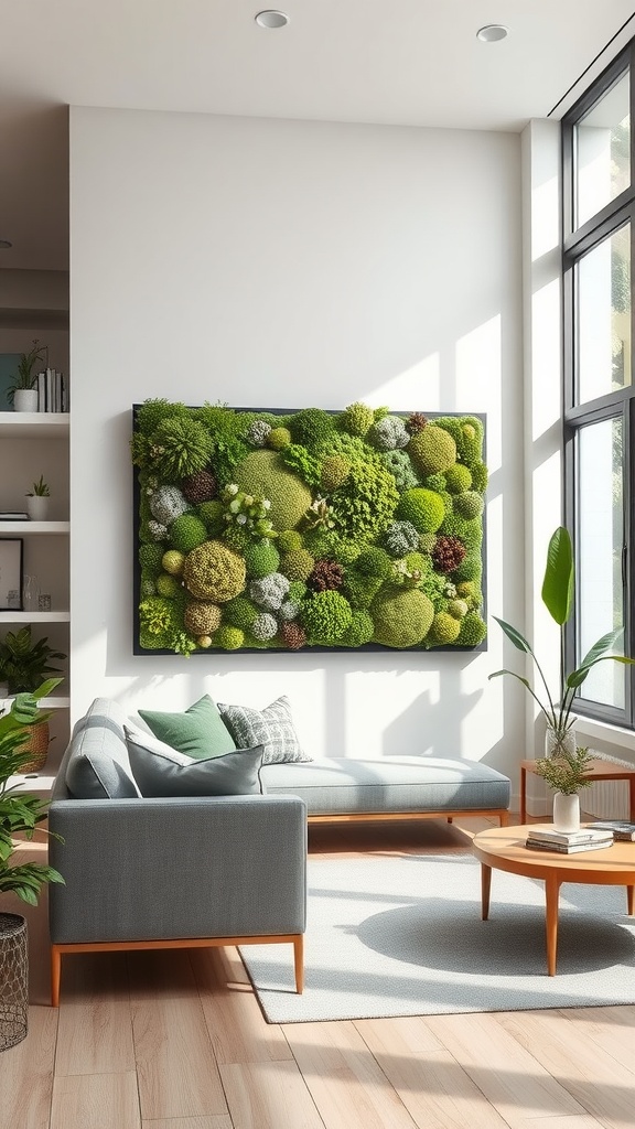 A vibrant and lush moss wall art piece displayed prominently in a modern living space, featuring a grey sofa and wooden coffee table.