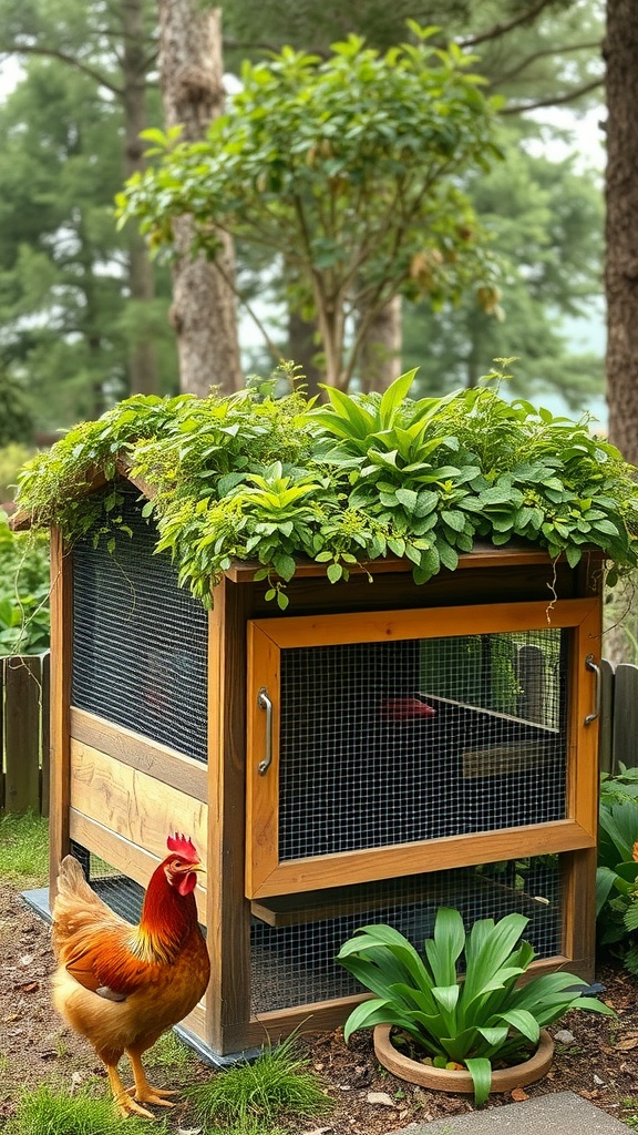 A DIY chicken coop with a green roof and a chicken in front of it.