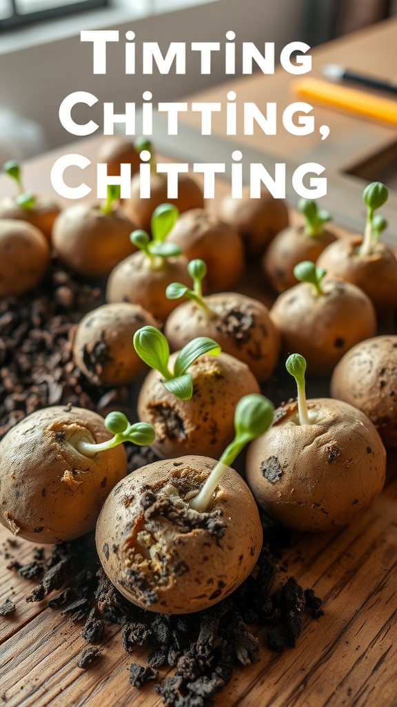 Sprouting potatoes with green shoots on a wooden surface.
