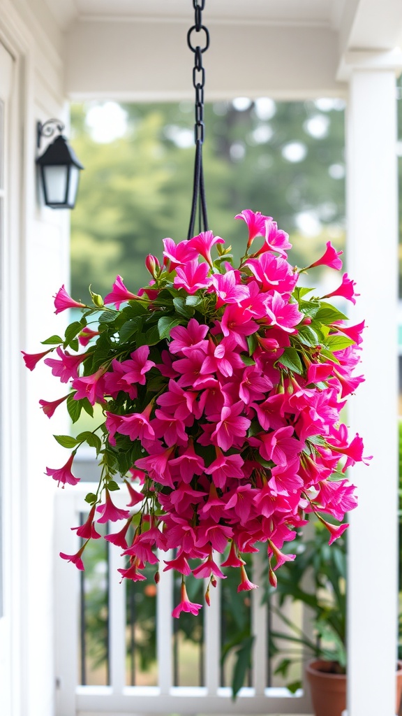 A vibrant hanging basket filled with fuchsia flowers, showcasing their beauty on a porch.