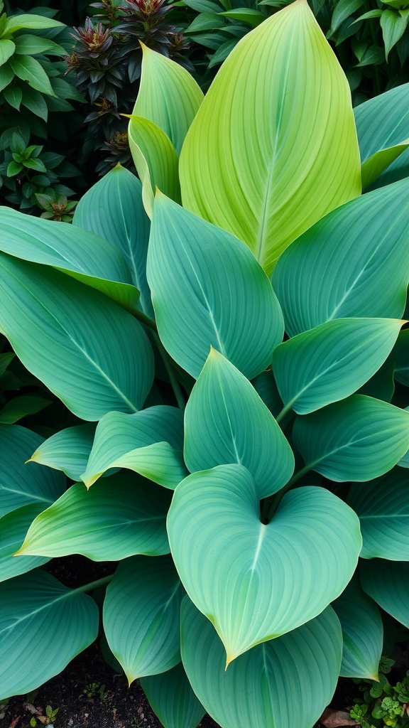 Lush green leaves of hostas in a shade garden