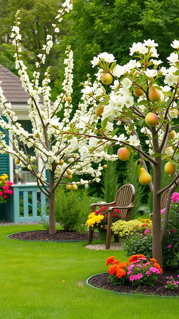 Dwarf fruit trees with blossoms and fruit in a backyard setting, surrounded by colorful flowers.