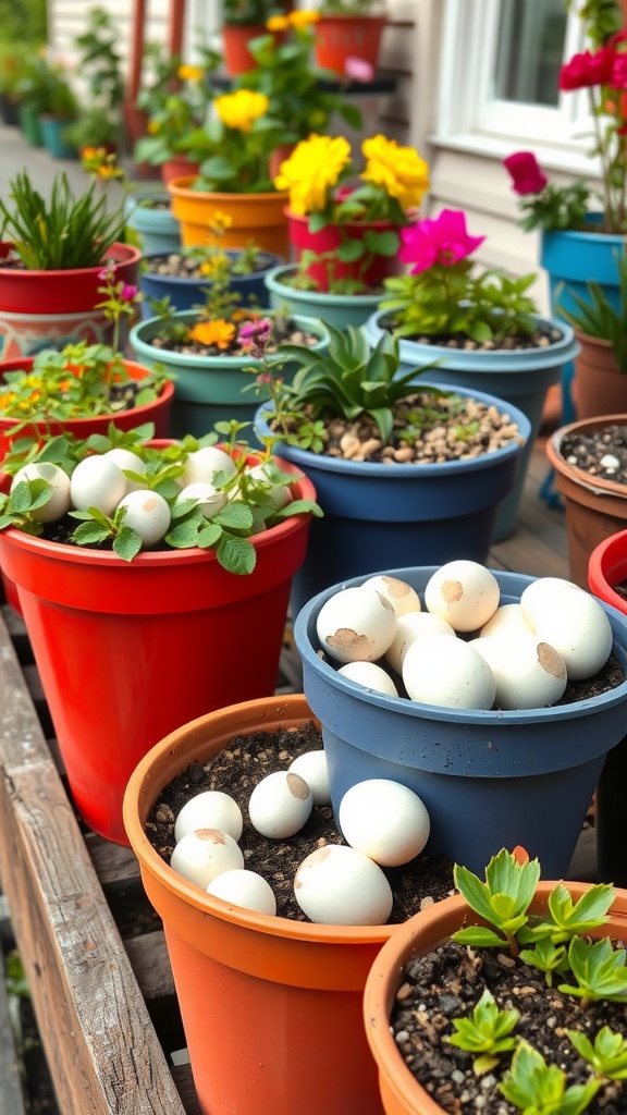 Colorful pots with flowers and eggshells in a garden setting