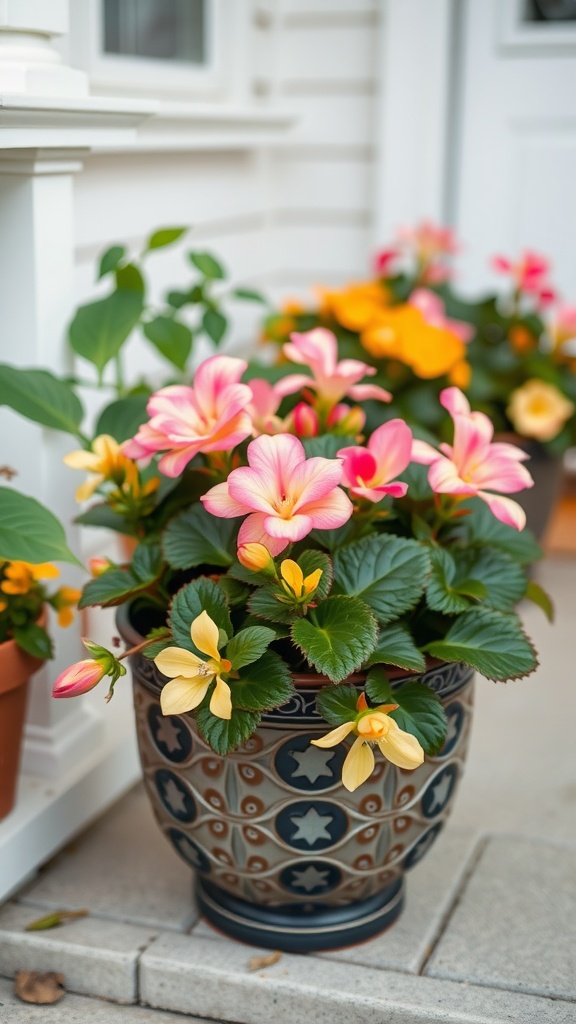 A pot of colorful begonias in shades of pink and yellow on a front porch, adding charm and color to the entrance.