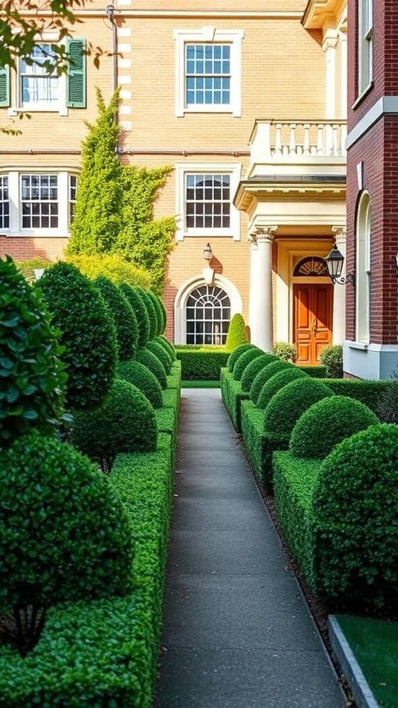 A beautifully manicured boxwood garden with various shaped bushes and a charming pathway.