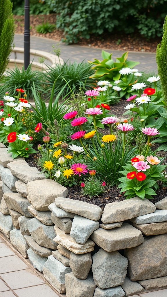 A beautifully arranged stone raised bed filled with colorful flowers.