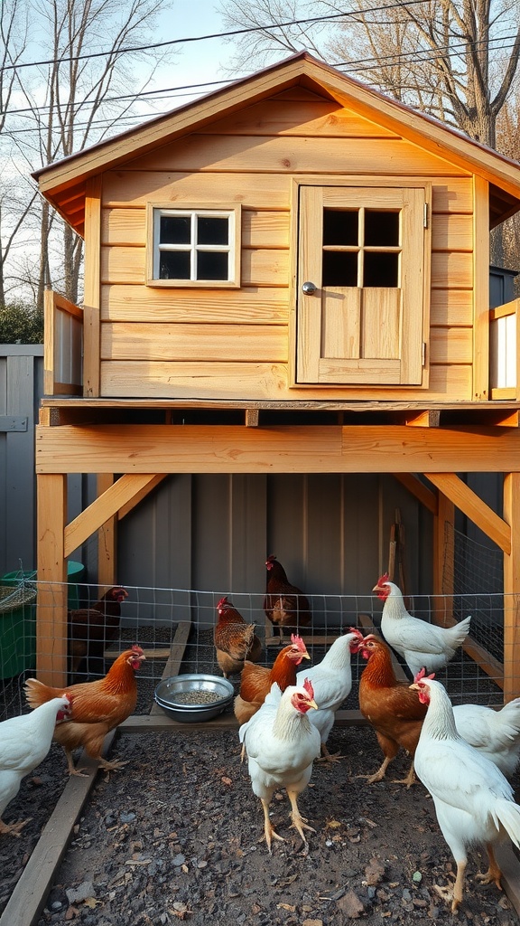 An elevated wooden chicken coop with a run, surrounded by several chickens.