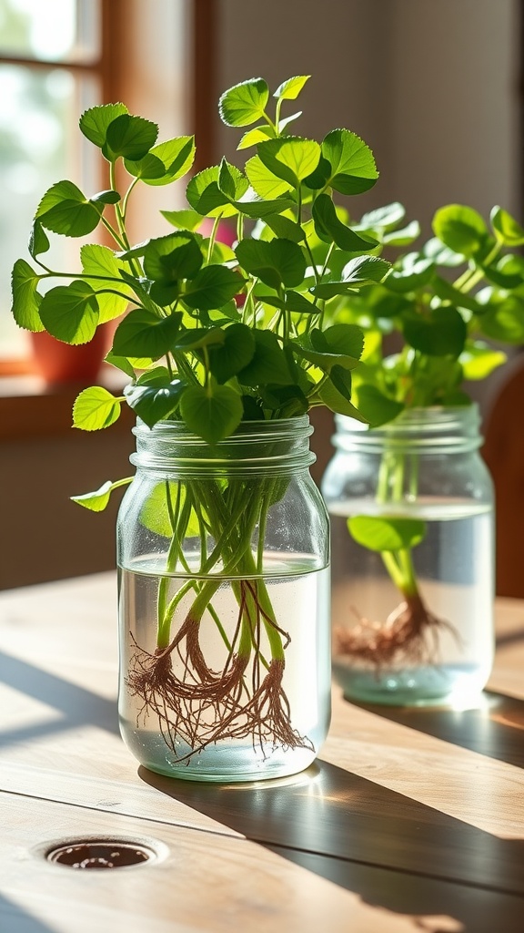 English Ivy cuttings in jars with roots growing in water on a wooden table.