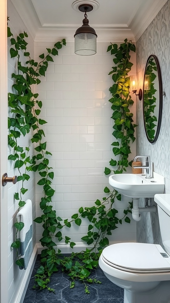 A bathroom with English Ivy climbing the walls, creating a fresh and green atmosphere.