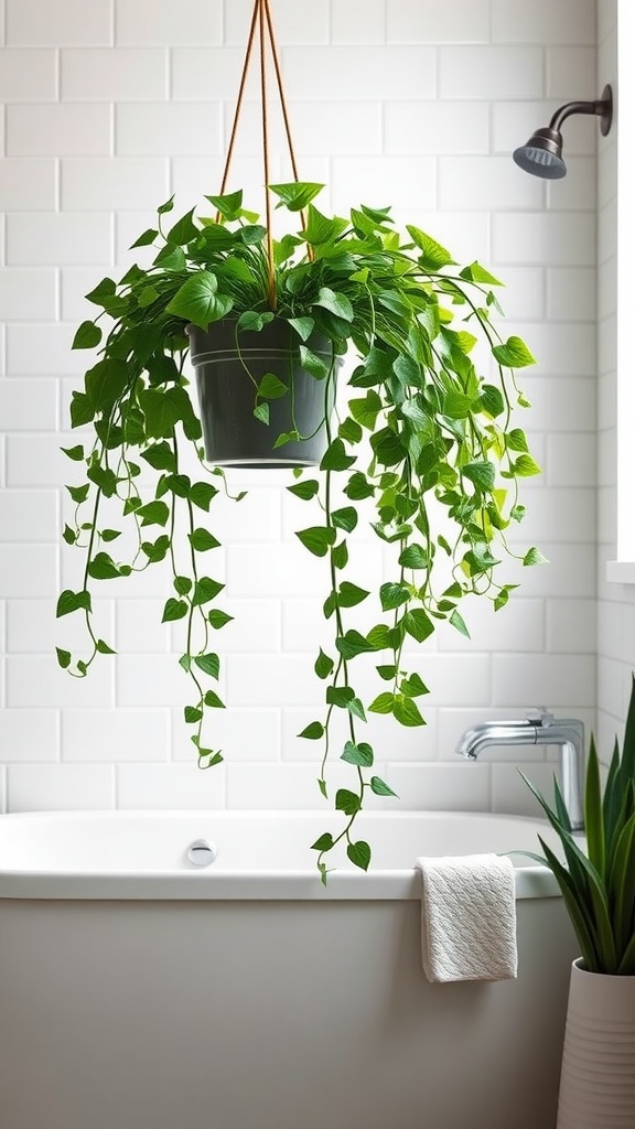 A hanging English Ivy plant in a bathroom, with cascading leaves above a bathtub.