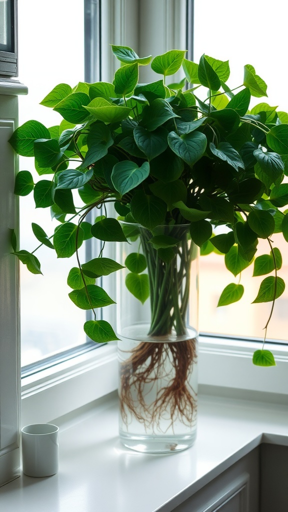 A vibrant English Ivy plant in a clear vase filled with water, showing its roots, positioned by a window.