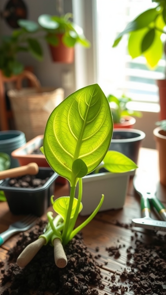 Fresh pothos cutting with green leaves on a wooden surface, surrounded by gardening tools and pots