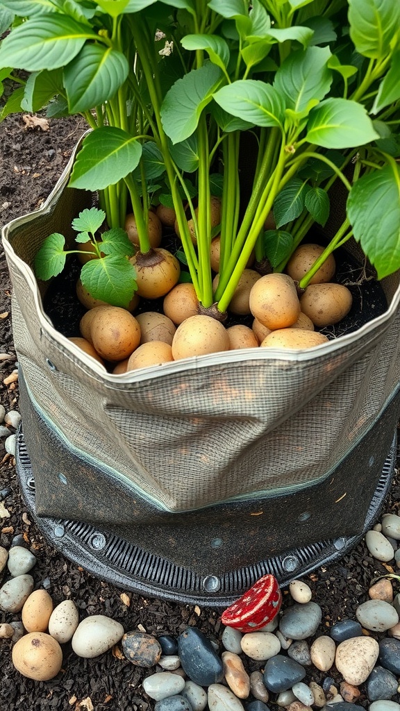 A grow bag filled with potato plants and visible potatoes at the bottom.