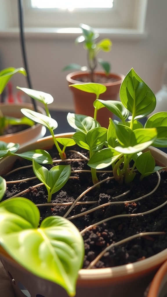 Close-up of pothos plant cuttings in soil with bright green leaves.