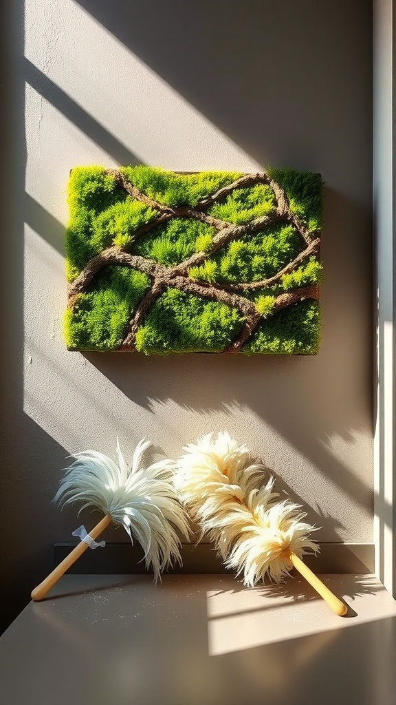 A beautiful piece of moss wall art illuminated by sunlight, with dusters placed underneath.