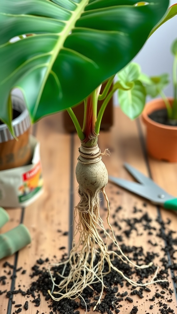 A healthy Monstera cutting with a visible aerial root on a wooden surface, surrounded by soil and gardening tools.