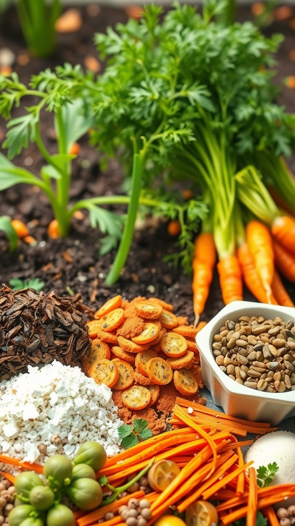 Fresh carrots with soil, various ingredients, and nutrients for healthy growth.