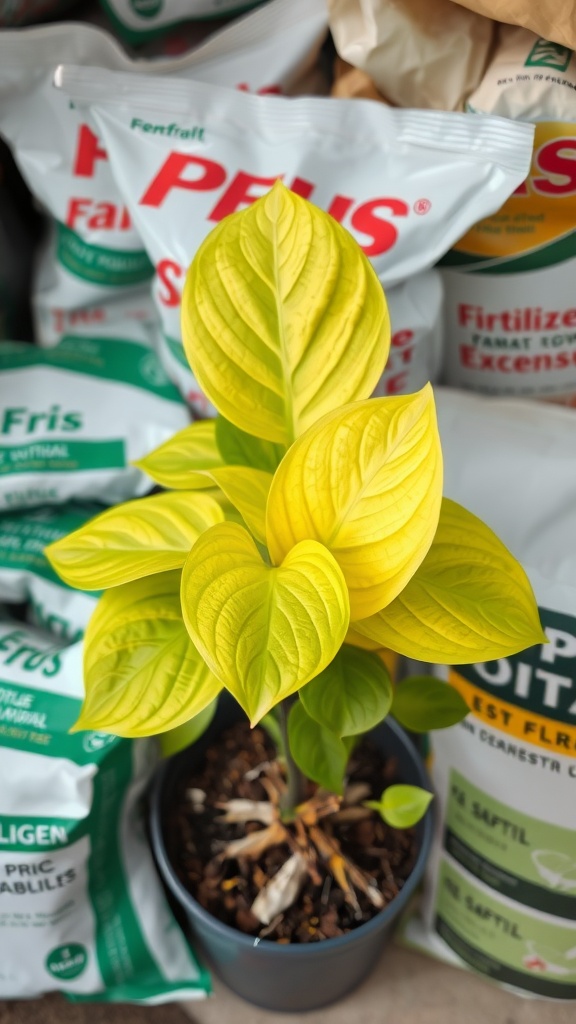 A bright pothos plant in a pot with various fertilizer bags in the background