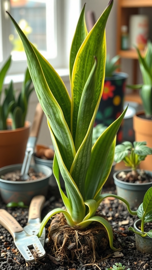 A healthy Snake Plant with visible roots, ready for repotting.