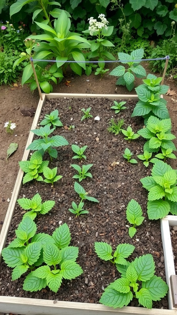 A raised vegetable garden with various young plants thriving in rich soil.