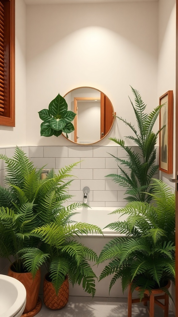 A bathroom featuring lush ferns beside a bathtub, showcasing a relaxing and natural atmosphere.