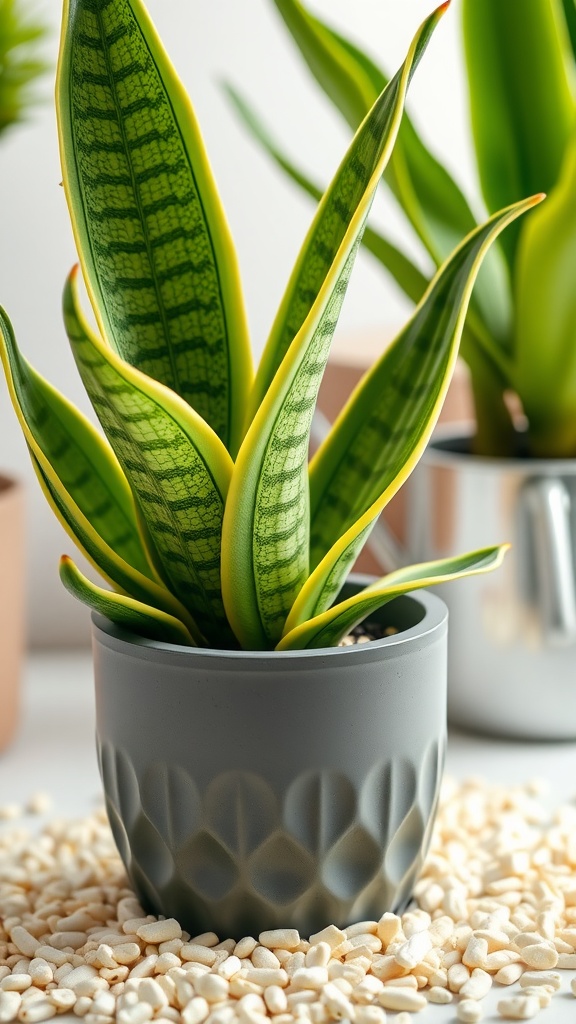 A healthy snake plant in a gray pot, surrounded by decorative pebbles, showcasing its vibrant leaves.