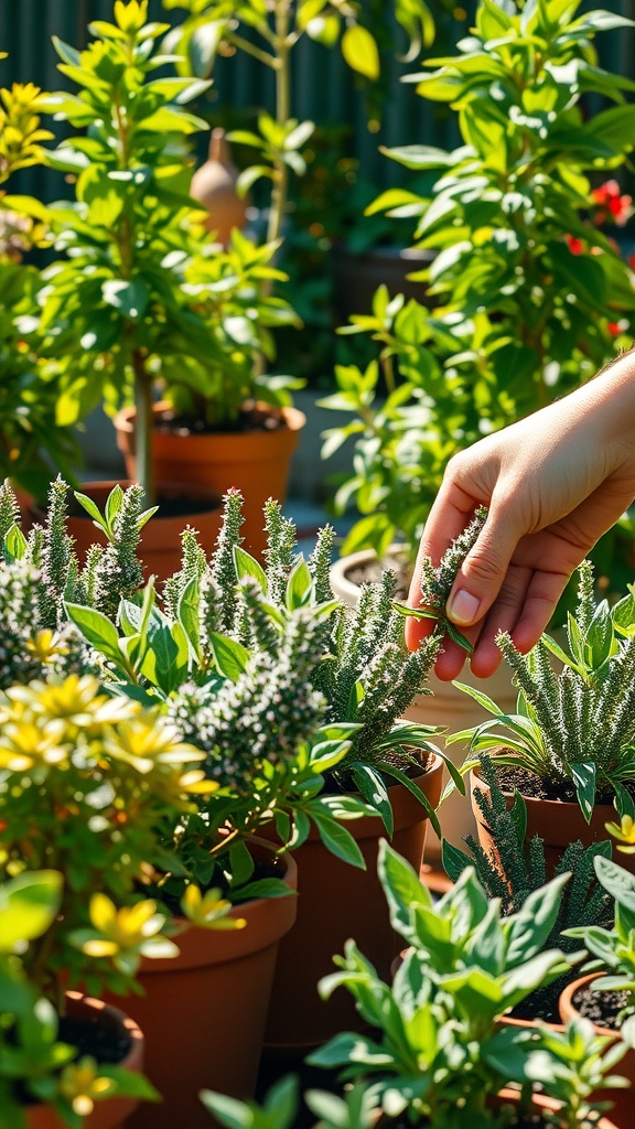 A hand touching sage plants with bright green leaves and flowers in a garden.