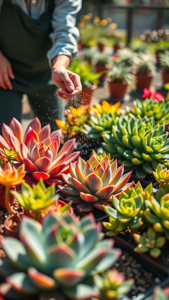 A person sprinkling fertilizer on colorful succulents in pots.