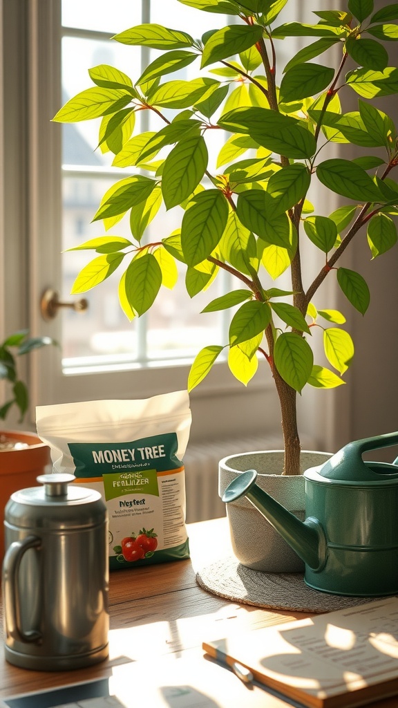 A bright Money Tree plant next to a package of fertilizer and a watering can, showcasing a nurturing indoor gardening setup.