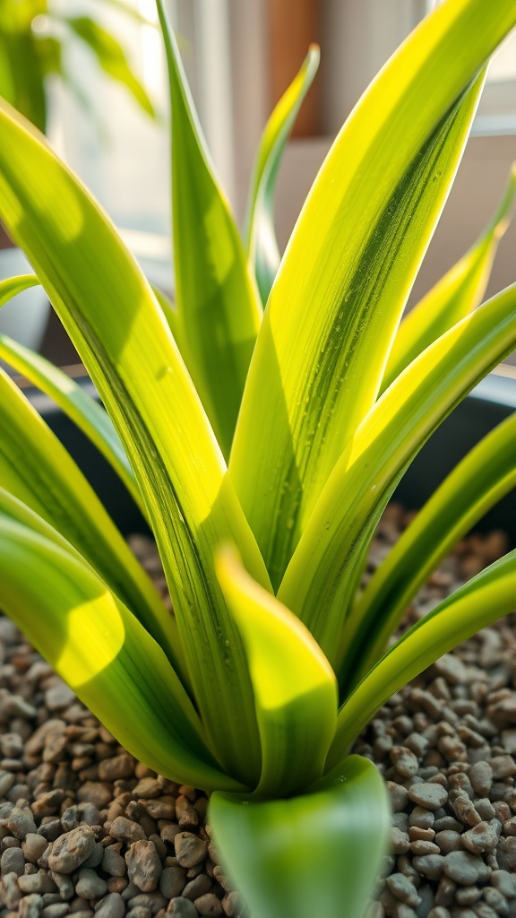 A close-up of a healthy snake plant with vibrant green and yellow leaves.