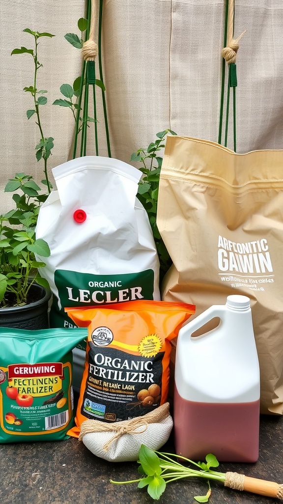 An assortment of fertilizers and plant supports for container gardening, including organic options and a liquid fertilizer.