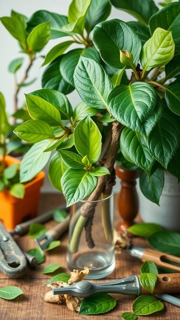 A Ficus cutting in a glass of water surrounded by gardening tools and healthy green leaves.