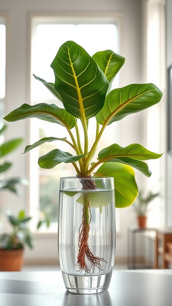 A Fiddle Leaf Fig plant with large leaves growing in a clear glass vase filled with water, showcasing its roots.