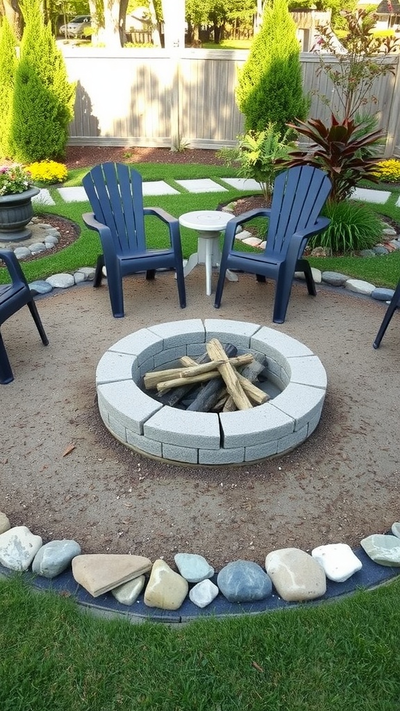 Cozy fire pit surrounded by cinder blocks in a garden setting