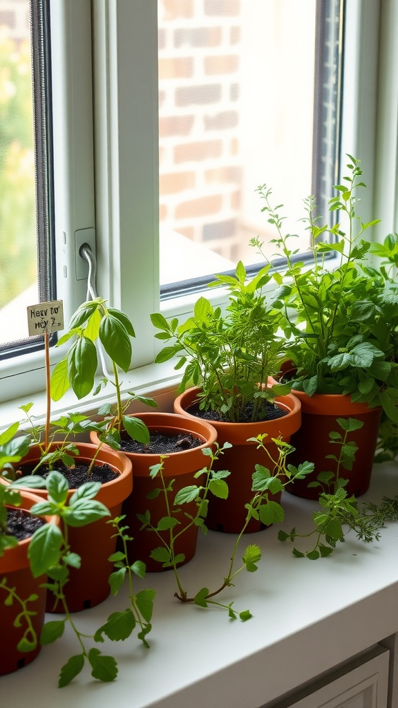 A collection of herbs in terracotta pots on a windowsill, showcasing vibrant green leaves and healthy growth.