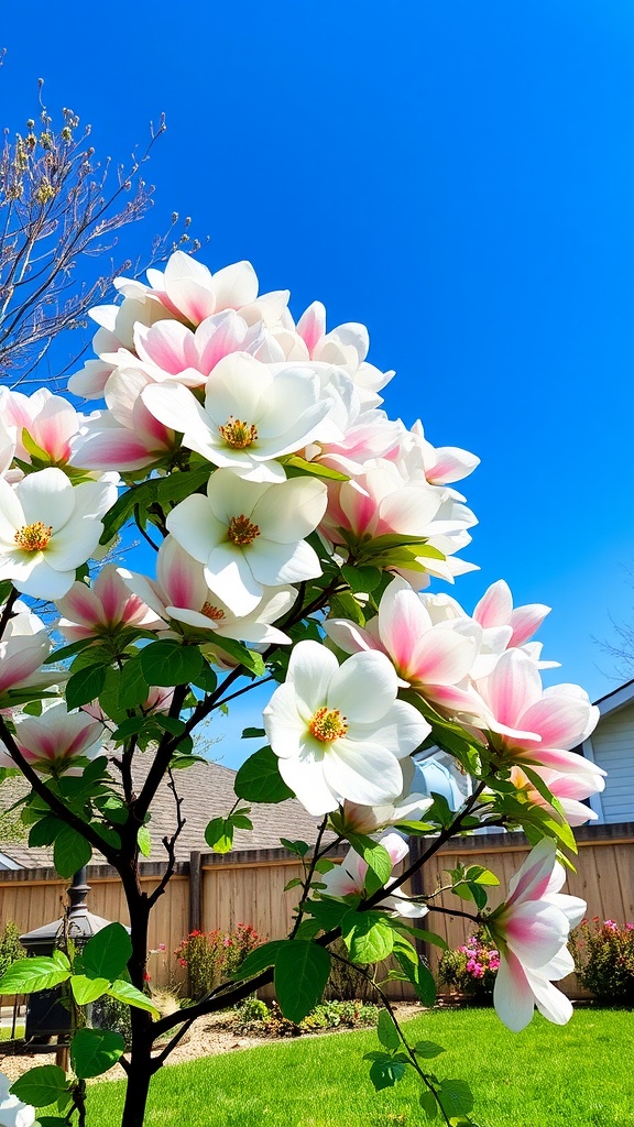 A blooming Flowering Dogwood tree with large white and pink flowers against a clear blue sky.