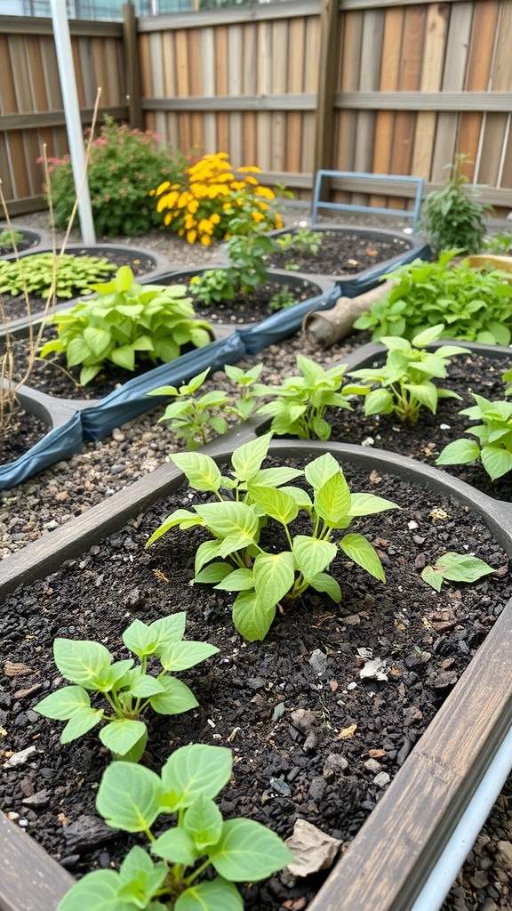 A vibrant raised vegetable garden with various plants growing in neatly arranged beds, showcasing seasonal growth.