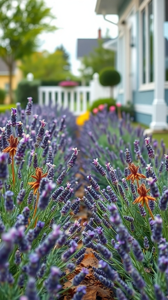 A vibrant row of lavender plants in a front garden, showcasing purple flowers and greenery along a pathway.