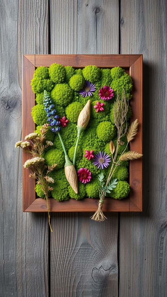 Framed moss wall art with dried flowers arranged in a colorful design.