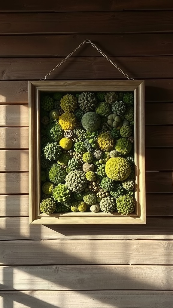 A framed moss canvas showcasing various shades of green and yellow mosses, hanging on a wooden wall.