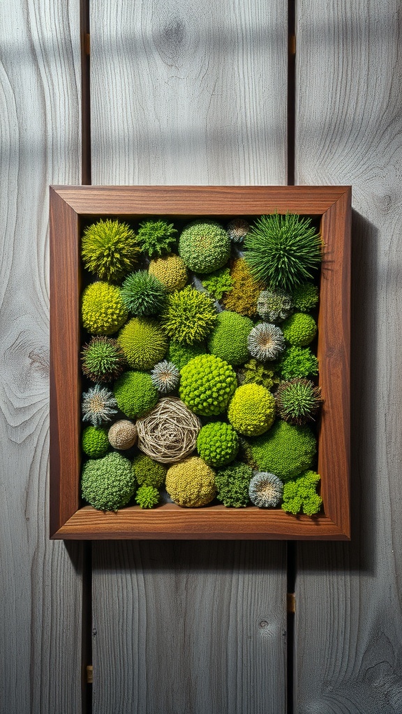 Framed moss art with a variety of green textures on a wooden background