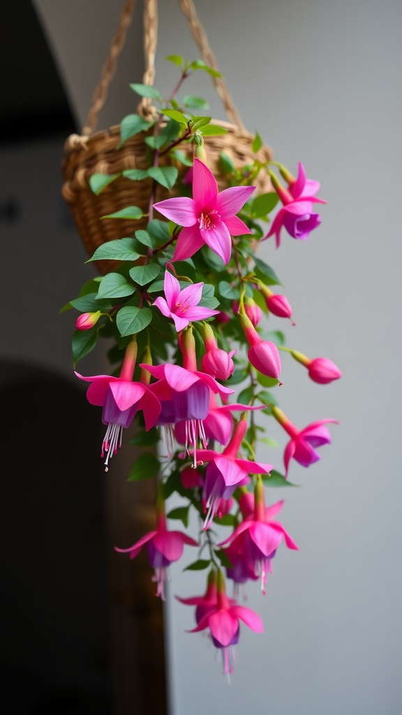 A hanging basket filled with vibrant Fuchsia flowers in pink and purple, cascading beautifully.