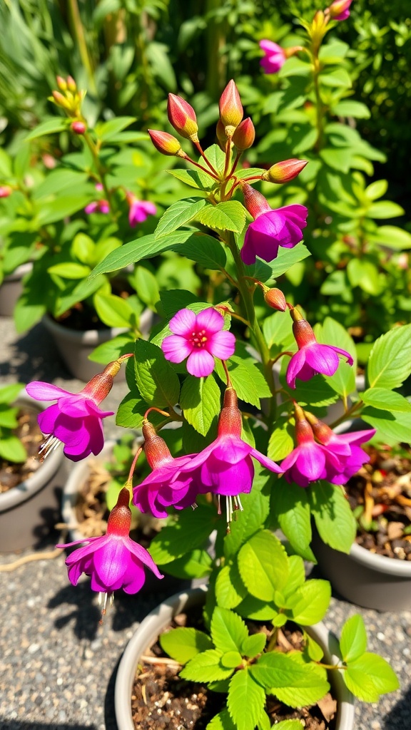 A vibrant display of fuchsia flowers in pots, showcasing their striking colors and lush green leaves.