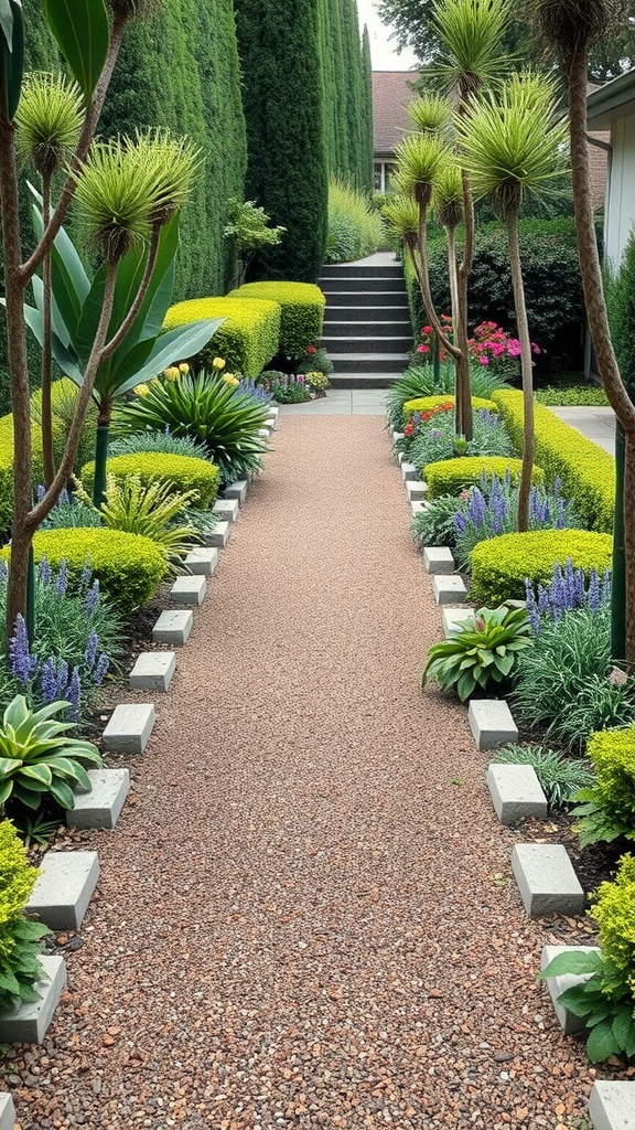 Cinder block pathway edging with colorful flower beds