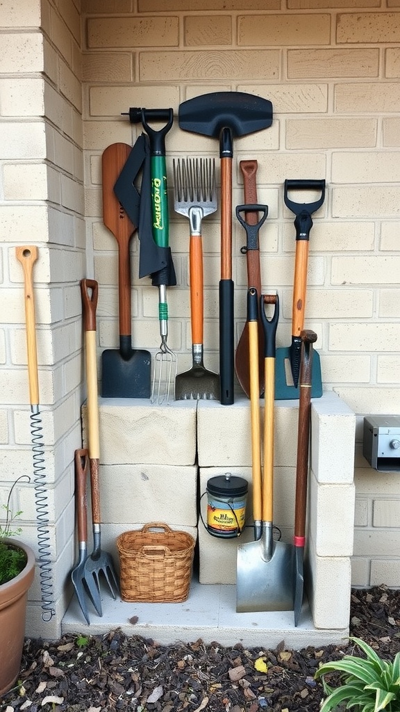 Garden tools organized using cinder blocks for storage.