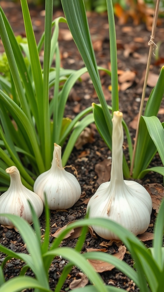 Healthy garlic bulbs growing in soil with green shoots around them