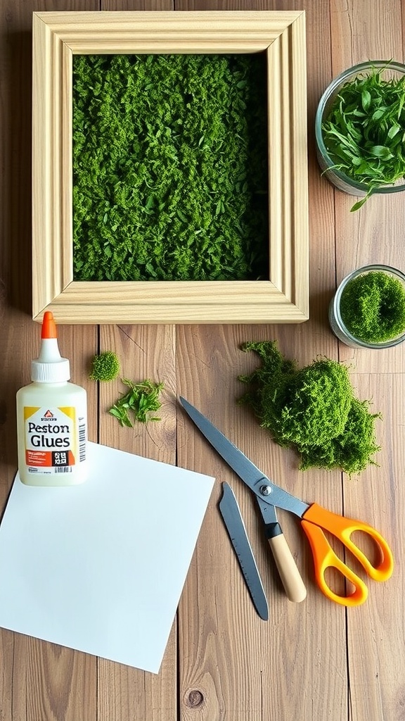 Materials for creating moss wall art, including a wooden frame, glue, scissors, and various types of moss on a wooden table.